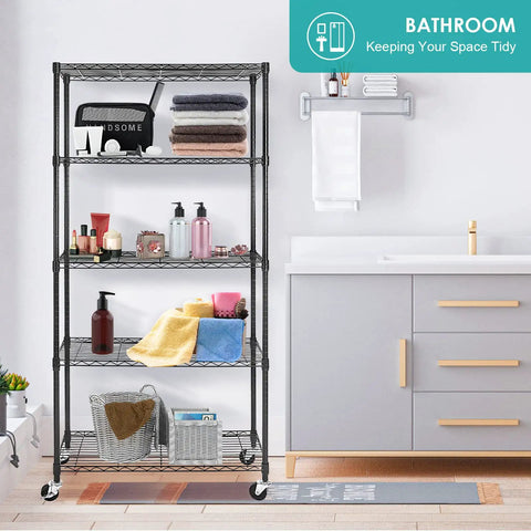 Total Workhorse Five Tier Black Wire Shelving Rack With Smooth Rollers Fully Adjustable NSF Certified Metal Storage Unit For Kitchen Pantry Garage Go Anywhere Rolling Caster Shelves Haul Three Hundred Thirty Pounds