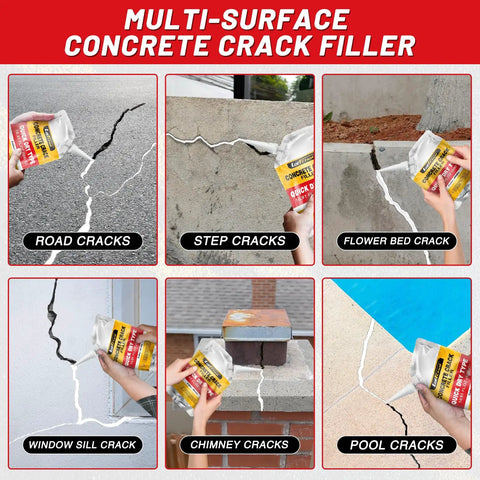 Self Leveling Concrete Crack Filler for Driveways and Patios Fast Drying Cement Repair used on various surface cracks.