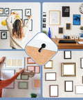 Collage of metal picture-frame turn-button fasteners with screws; displays of frames on walls and desk, plus a close-up of a fastener.