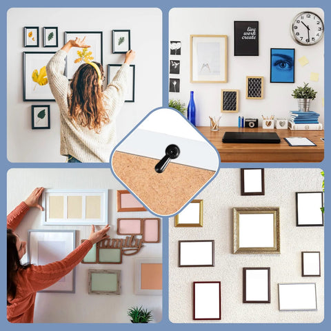 Collage of metal picture-frame turn-button fasteners with screws; displays of frames on walls and desk, plus a close-up of a fastener.