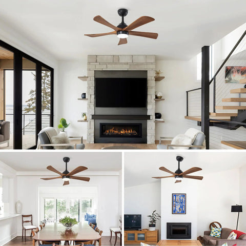 Geelife 42" 5PCS Solid Wood Blades Ceiling Fan with Lights Remote Control in modern living room and dining area.
