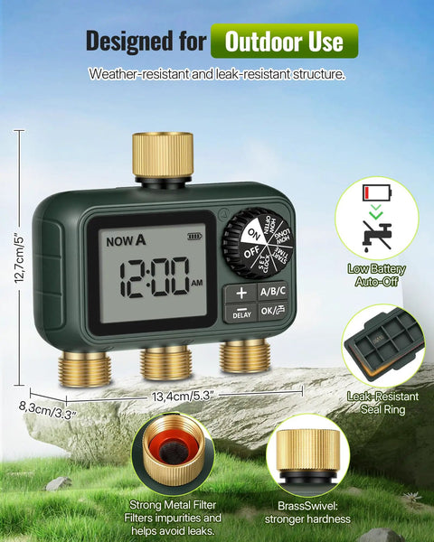 Brass Sprinkler Timer With Swivel 3 Outlet Go To Digital Irrigation System Kit shown with dimensions and features
