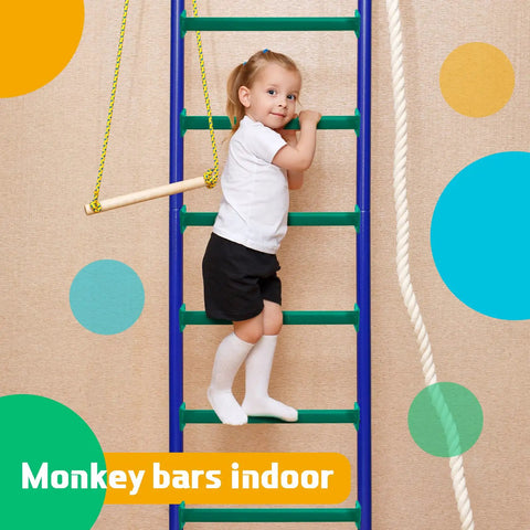 Child climbing indoor monkey bars ladder with colorful rungs, ropes, and handle for playtime fun.