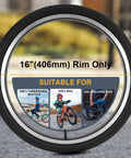 Close-up of a 16 inch (406mm) bike rim for kid's bicycles, showcasing images of suitable bikes inside the rim.