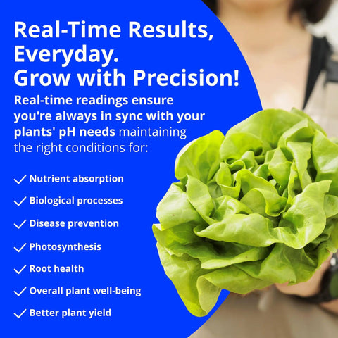 Person holding fresh green lettuce with text promoting Multimedia PH Meter For Hydroponics And Soil for optimal plant growth.