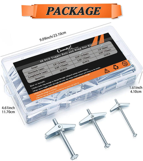 Heavy Duty Toggle Bolt And Wing Nut Set For Drywall 48 piece hollow wall anchors kit in plastic storage box with measurements