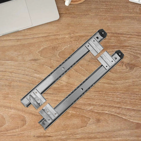 Heavy Duty Keyboard Drawer Slides With Bulletproof 35mm Wide Silver Rail Kit For Slick Office Setup No Brainer Swap Computer Table Replacement Hardware One Pair on wooden surface.