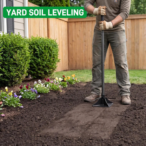Person using 48 Inch Steel Tamper With 14 Pound 10x10 Steel Head And Rubber Grip Labor Saving All Steel Heavy Duty Tool for leveling soil