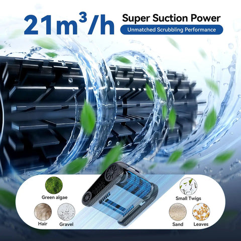 X5 Cordless Robotic Pool Vacuum cleaning roller showing super suction power for inground pools, 4 cleaning modes, 5550 GPH suction.