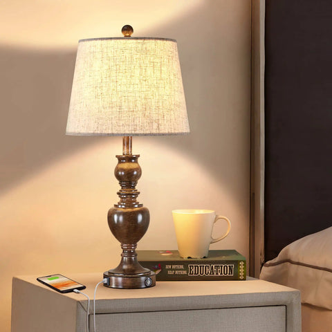 Set Of 2 Farmhouse Table Lamps With 3 Way Dimmable Touch Control, USB Charging Port, Nightstand And Desk Lamps, Resin Base With Linen Shade, LED Bulbs Included, Ideal For Bedroom And Living Room