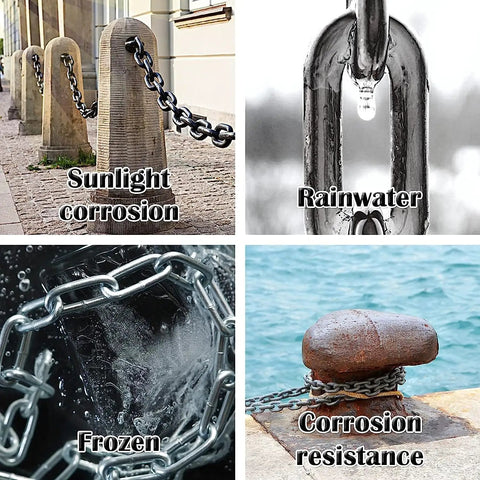 Heavy Duty Workhorse 3/8 Inch G30 High Test Steel Chain Built Tough For Real World Hauling And Marine Tasks With 2650 Pound Load Rating And Corrosion Resistant Finish For Towing Winching Jobs Four Drums in sunlight, rainwater, frozen, and corrosion test.