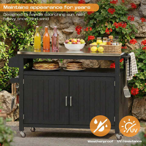 43.3-Inch Outdoor Kitchen Island With Storage Cabinet And Stainless Steel Top set with drinks and fruit in garden setting
