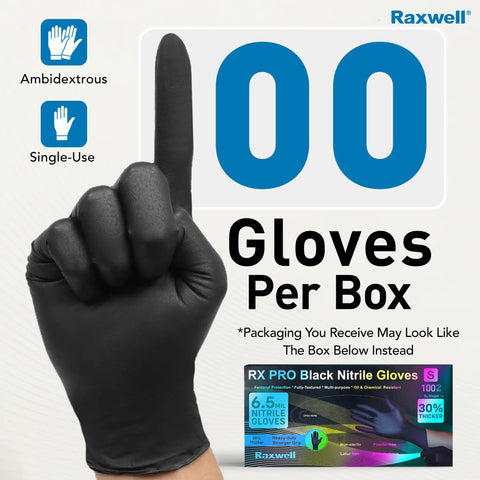 Hand in black nitrile glove pointing up, text reading '100 Gloves Per Box' with product packaging showing RX PRO Black Nitrile Gloves.