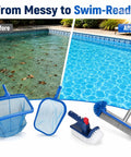 4 Piece All In One Pool Cleaning Kit With Heavy Duty Leaf Skimmer Net Deep Bag Skimmer Rotatable 90 Degree Scrub Brush And Wall Scrub Brush For Above Ground And Inground Pools Pole Not Included, shown before and after pool cleaning.