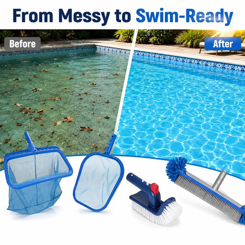 4 Piece All In One Pool Cleaning Kit With Heavy Duty Leaf Skimmer Net Deep Bag Skimmer Rotatable 90 Degree Scrub Brush And Wall Scrub Brush For Above Ground And Inground Pools Pole Not Included, shown before and after pool cleaning.