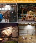 Kick Up Your Backyard Vibe With This Dope Solar Shed Light Featuring Dual Motion Sensors For Indoor And Outdoor Use With Smart Day And Night Modes To Keep The Space Lit Solid And Ready For Any Project Without Breaking The Bank, showing usage in barn and patio.