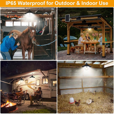 Kick Up Your Backyard Vibe With This Dope Solar Shed Light Featuring Dual Motion Sensors For Indoor And Outdoor Use With Smart Day And Night Modes To Keep The Space Lit Solid And Ready For Any Project Without Breaking The Bank, showing usage in barn and patio.