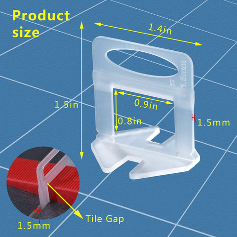 Tile Leveling System With One Sixteenth Inch Spacers And Clips, 2000 Pieces, dimensions chart showing clip size and tile gap