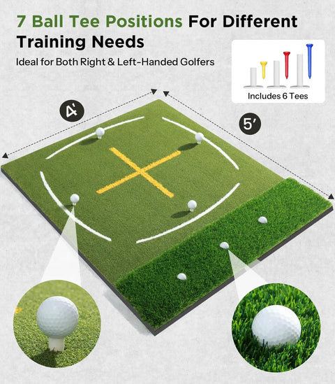 Dual Turf Golf Mat With Standing Guide Line And Swing Path For Indoor Or Outdoor Use, 5x4ft Thick Green Turf Practice Mat