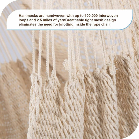 Close-up of soft-spun cotton rope detail on Caribbean Hammock Chair With 40-Inch Hardwood Spreader Bar And Soft-Spun Cotton Rope, Indoor Outdoor Chill Lounger For Patio Backyard Or Living Room, Supports Up To 300 Lbs, Natural.