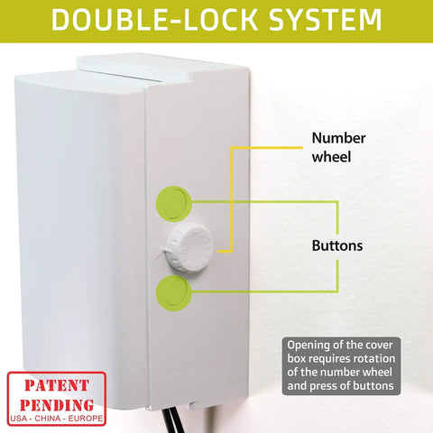 Dual Lock Outlet Cover Box For Baby Proofing 1 Pack No Fuss Toddler Safe Design with number wheel and buttons visible on white surface