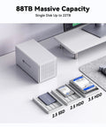 Four Bay USB C External Hard Drive Enclosure For 2.5 And 3.5 Inch SATA HDD Or SSD Drives Rugged Aluminum DAS Box showing SSD and HDD mounted.