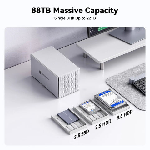 Four Bay USB C External Hard Drive Enclosure For 2.5 And 3.5 Inch SATA HDD Or SSD Drives Rugged Aluminum DAS Box showing SSD and HDD mounted.