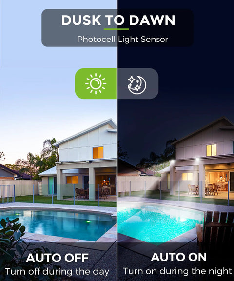 House with pool showing Dusk To Dawn Outdoor Flood Light 50W No Fuss Auto On Off 6000K Daylight IP66 Waterproof 2300 Lumens in use