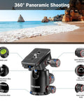 Overhead Camera Tripod With Ball Head And Flexible Center Column close-up showing ball head and locking knobs, beach background.
