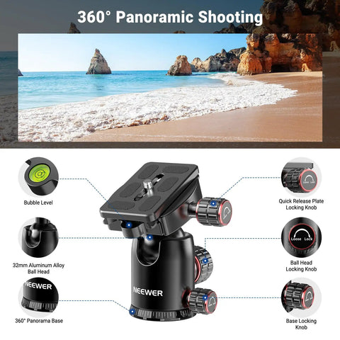 Overhead Camera Tripod With Ball Head And Flexible Center Column close-up showing ball head and locking knobs, beach background.