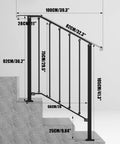 Heavy Duty 3 Step Outdoor Handrail Kit In Matte Black Wrought Iron for Concrete or Wood Porch Stairs, showing dimensions and design.