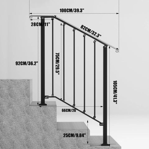 Heavy Duty 3 Step Outdoor Handrail Kit In Matte Black Wrought Iron for Concrete or Wood Porch Stairs, showing dimensions and design.