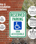 Heavy Duty 18X12 Reserved Parking Van Accessible Handicapped Metal Sign on brick wall, showing installation options and dimensions.