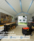 Interior of 10x12 Ft Outdoor Storage Shed With Lockable Doors And Window Heavy Duty Metal Garden Shed, showing tools and workbench.