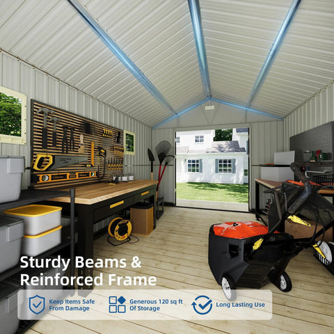 Interior of 10x12 Ft Outdoor Storage Shed With Lockable Doors And Window Heavy Duty Metal Garden Shed, showing tools and workbench.