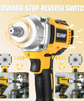 Pro Grade 1/2 Inch Cordless Impact Wrench Fits 20V Max Batteries showing forward-stop-reverse switch and rotating chuck.