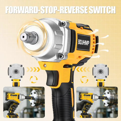 Pro Grade 1/2 Inch Cordless Impact Wrench Fits 20V Max Batteries showing forward-stop-reverse switch and rotating chuck.