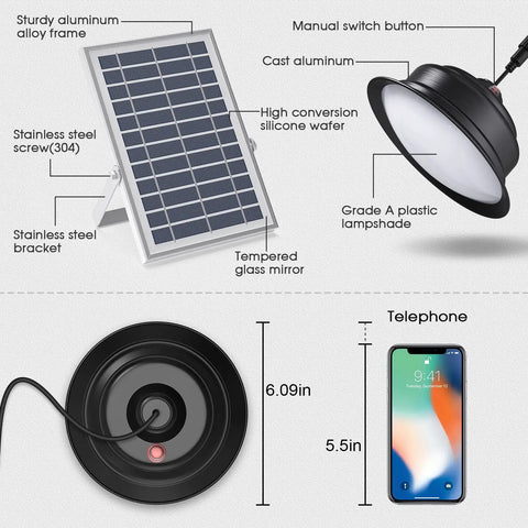 Dual Head Solar Pendant Lights IP65 Waterproof 6000K And 3000K Dimmable With Remote And Timer, solar panel and lamp details