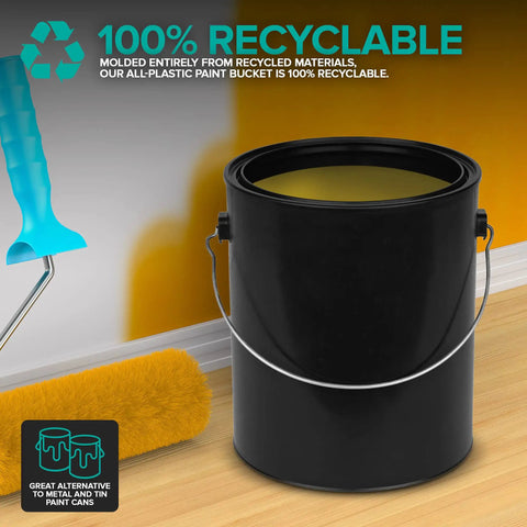 Black 1 Gallon All Plastic Paint Can Set with Metal Handle and Airtight Lid, shown near paint roller, 100% recyclable.