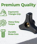 Black Plastic Knob With 3/8-16 Three-Prong Wing Nut, brass insert visible, on light background with quality features highlighted