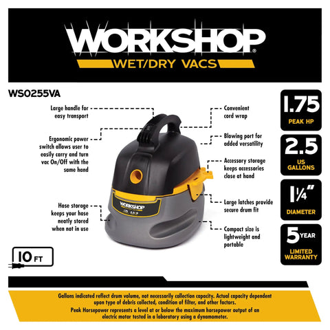 Portable Wet Dry Shop Vacuum For Home And Garage, 2.5 Gallon Tank, 1.75 Peak HP, with handle and cord, on white background
