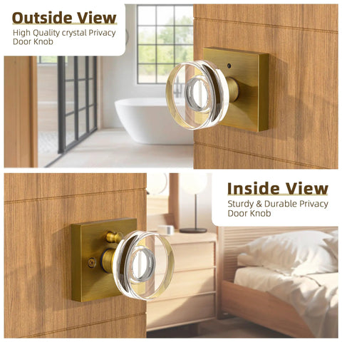 Outside and inside views of the Crystal Glass Door Knobs With Lock In Antique Brass Privacy Door Knobs For Bedroom And Bathroom