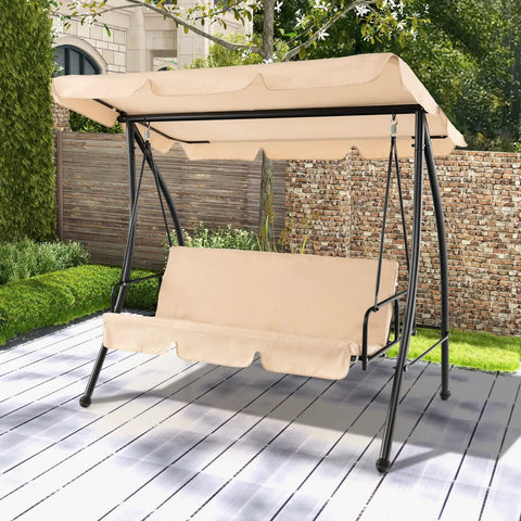 2 In 1 Convertible Porch Swing Bed With Adjustable Canopy And Removable Cushions Solid Metal Frame For Backyard