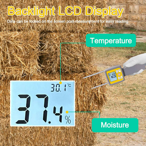 Portable Hay Moisture Meter With Long Probe For Bale Testing, Super Handy Digital Readout, 0-84% Range, 0.5 Percent Accuracy, Ideal For Alfalfa, Orchard Grass, Forage Grass, And Other Hays. hay bale temperature and moisture reading with LCD display
