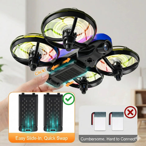 Close-up of kid friendly camera drone for indoor flying with propeller guard and battery insertion demonstration.