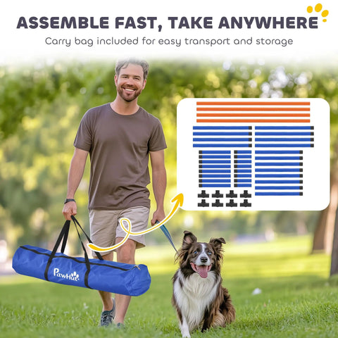 Man carrying 4 Piece Dog Agility Course Set with adjustable height hurdles and blue carry bag, outdoor setting