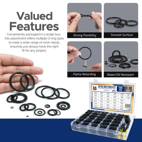 Ultimate O Ring Kit With 1560 Pcs Across 32 Sizes Nitrile Rubber Assortment Plus 4 Hook Set and grease tube, showing case and o-rings.