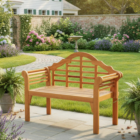 Foldable Outdoor Eucalyptus Wood Bench For Two 49 Inch Wide Two Person Loveseat Heavy Duty Solid Wood Frame With 800 Lb Capacity Space Saving Garden Patio Seating For Deck Porch Poolside And Balcony in garden setting