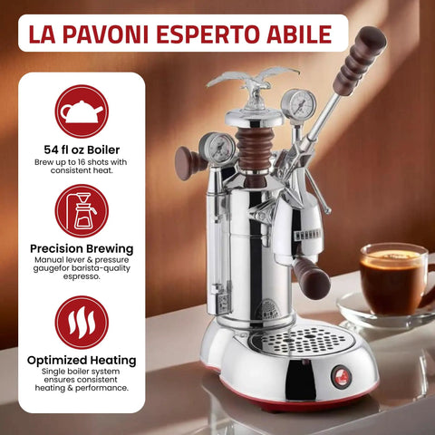 Esperto Abile 16 Cup Lever Espresso Machine With Chrome Finish And Rosewood Handles For Home Barista Vibes 54 Ounce