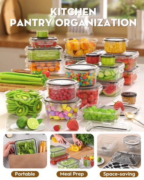 40 Piece Food Storage Containers With Lids Airtight Set, Must Have For Meal Prep And Kitchen Organization; filled with colorful fruits.